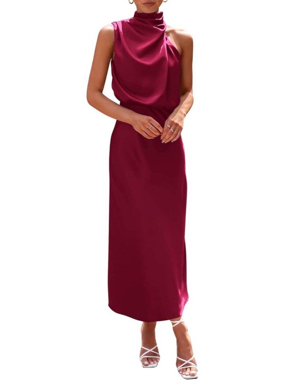 Women's Deep Red Summer Satin Elegant Sleeveless Mock Neck Cocktail Maxi Dress